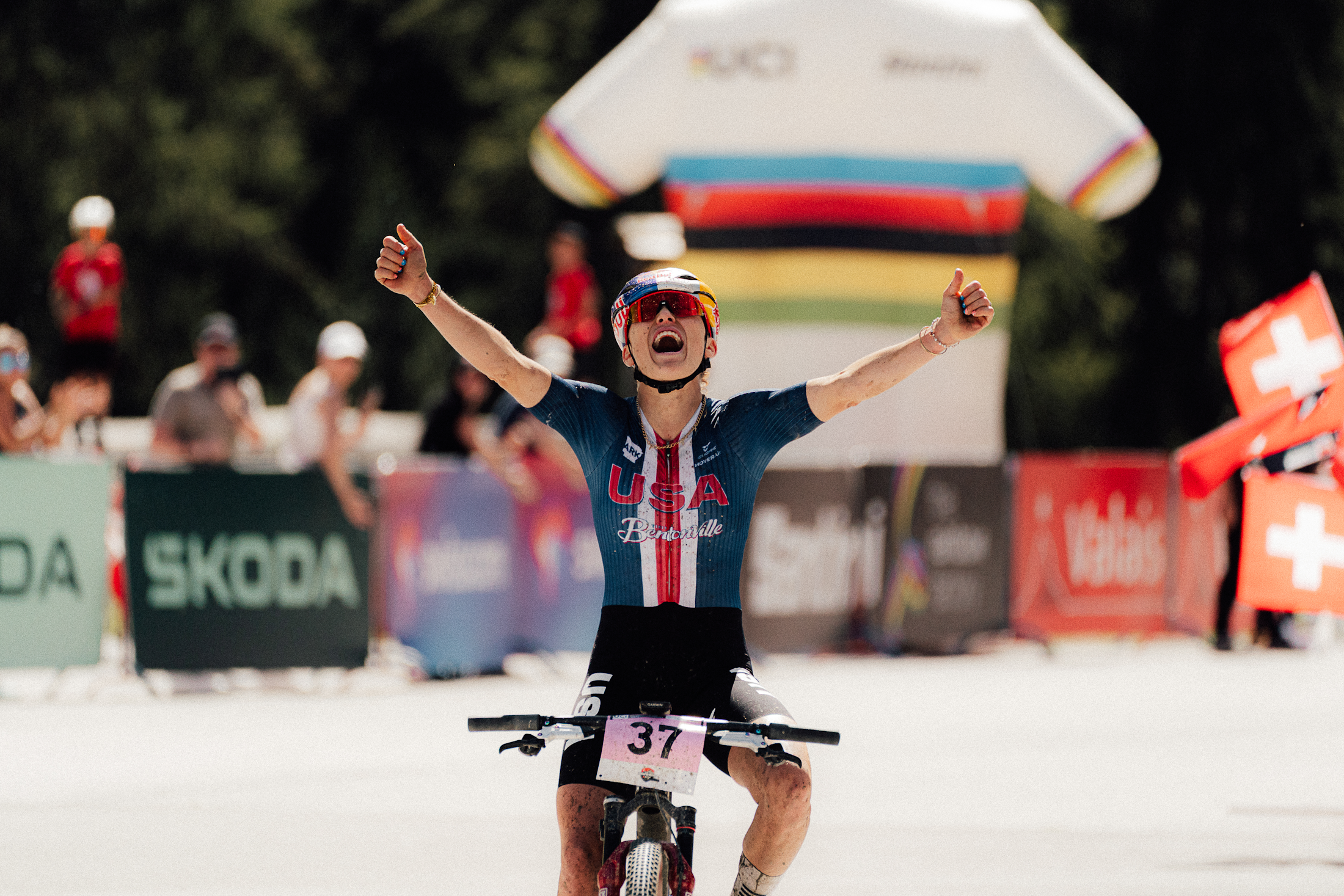 Kate Courtney winning 2025 UCI XC Marathon Worlds in Valais, Switzerland