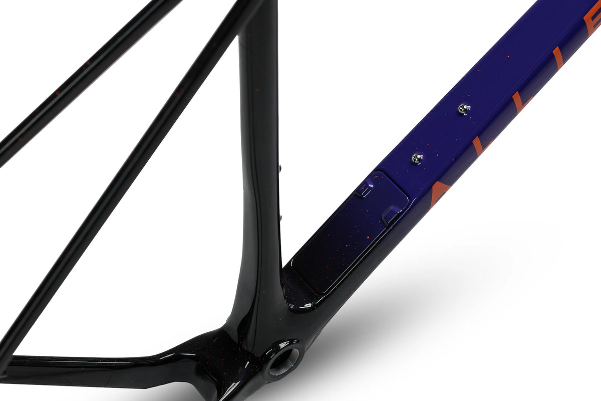 ALLIED ABLE down tube in Last Light purple fade, showing the in-frame storage hatch and bottle cage bolts