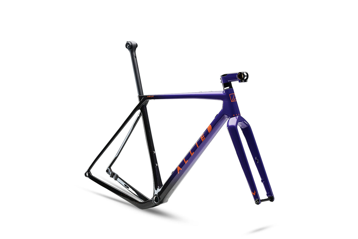 ALLIED ABLE Last Light LTD frameset at a three-quarter angle, purple-to-black fade with coral ALLIED down tube logo, fork, seatpost and stem