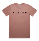 Hazy pink t-shirt with 'ALLIED' text on a white background