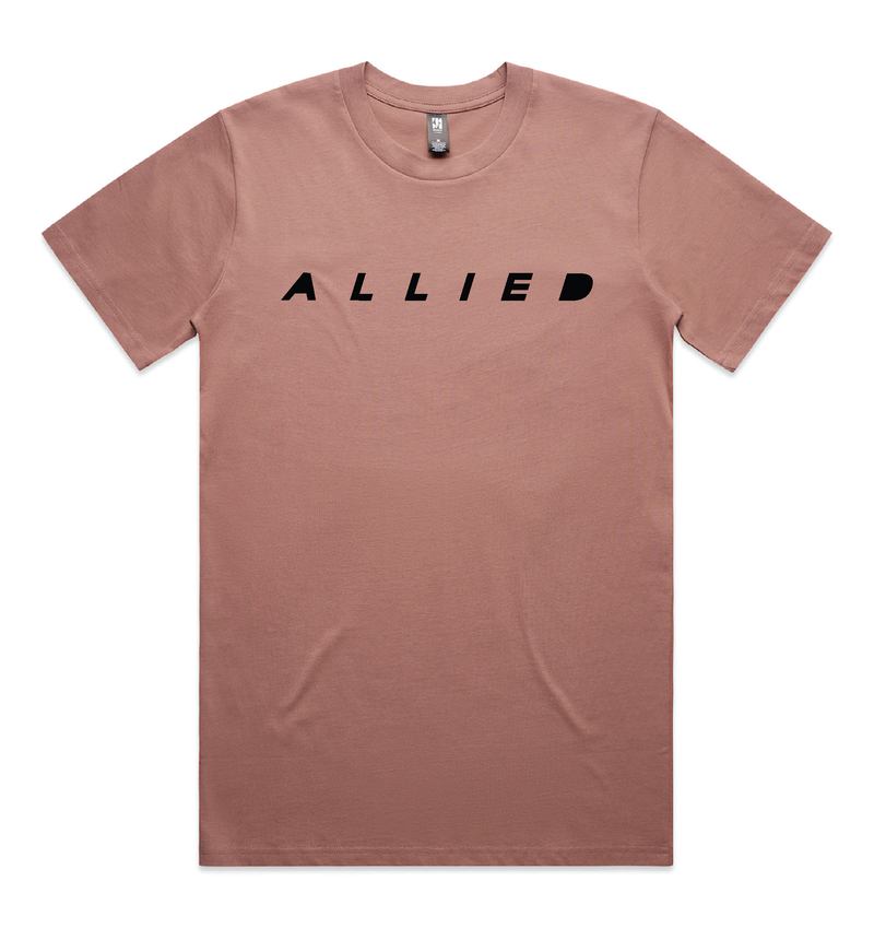 Hazy pink t-shirt with 'ALLIED' text on a white background