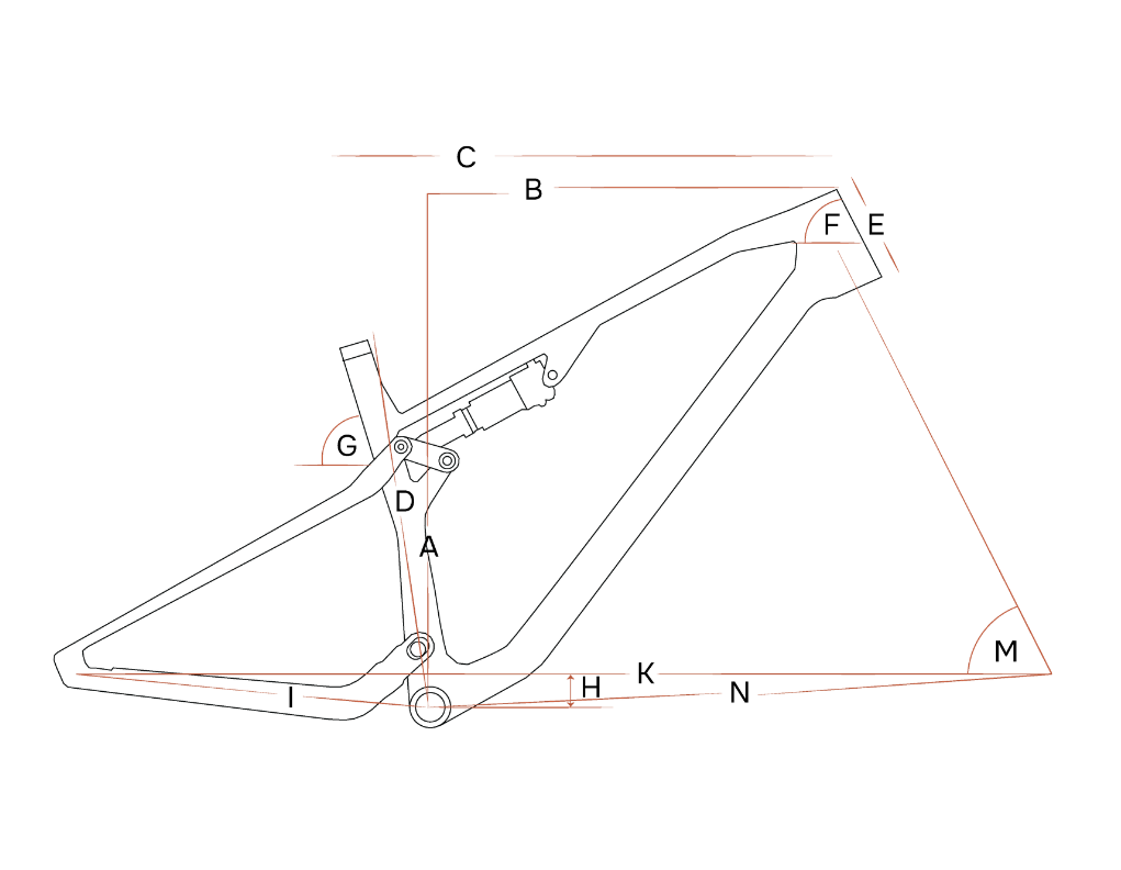 Technical drawing of a MTB bicycle frame with labeled parts on a white background