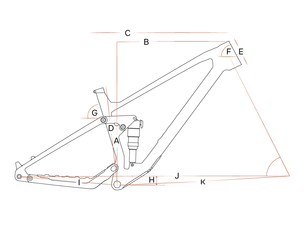 Technical diagram of a trail bike frame with labeled parts on a white background